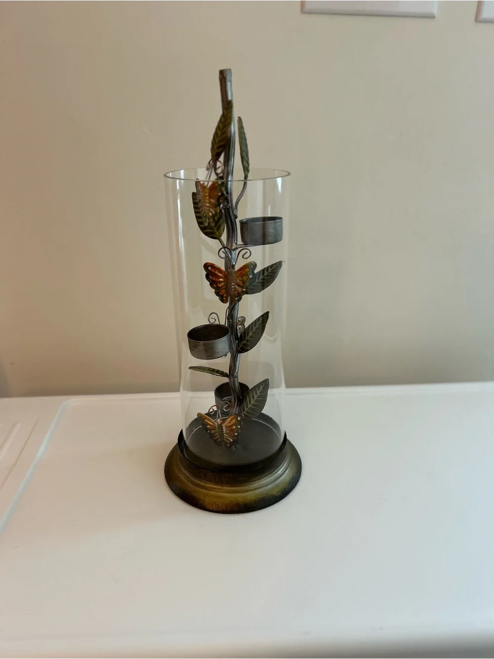 Butterfly Leaf Tealight Holder CandleWith Glass Hurricane - Bronze Finish